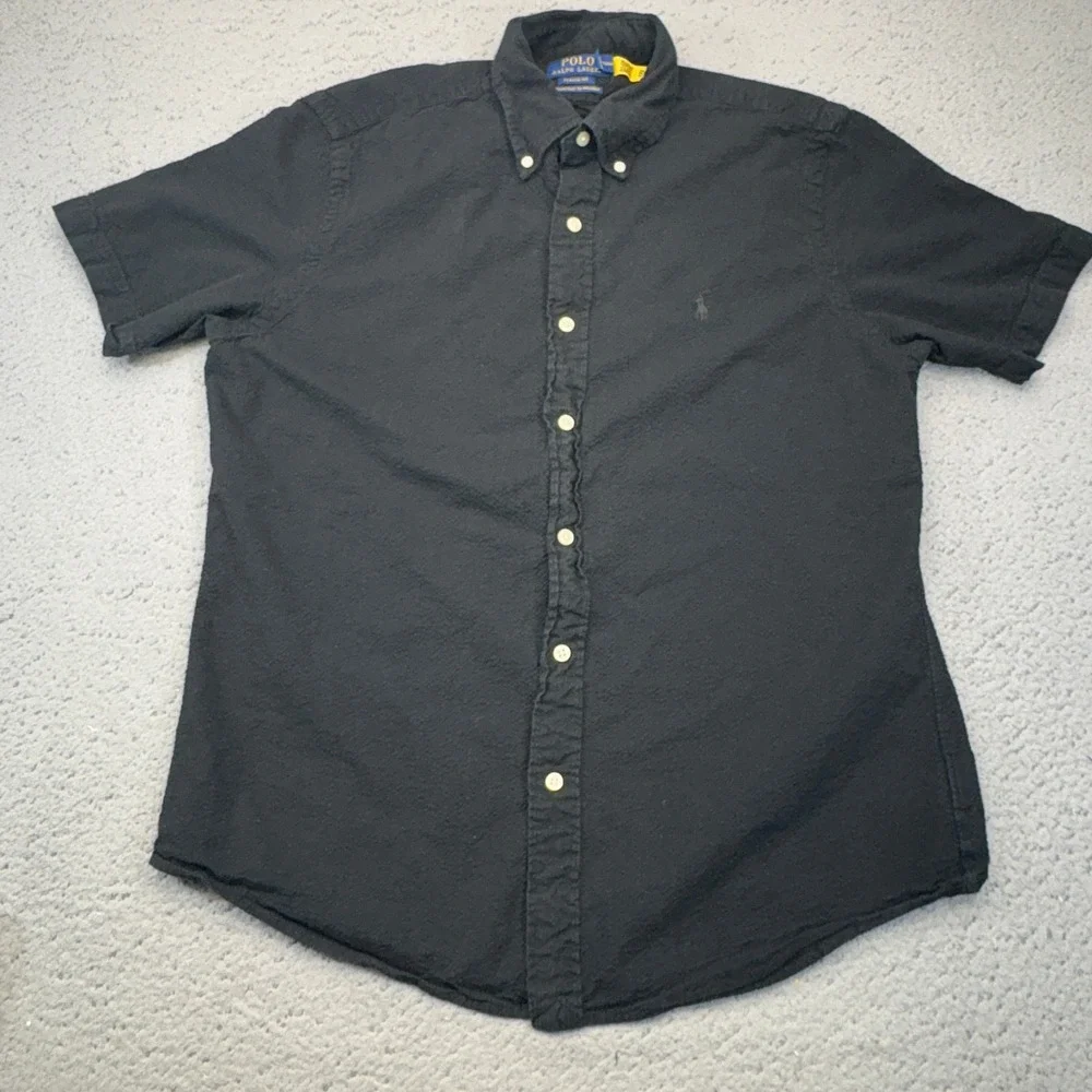 Polo Ralph Lauren Seersucker Shirt Mens Medium Black Short Sleeve Classic Fit